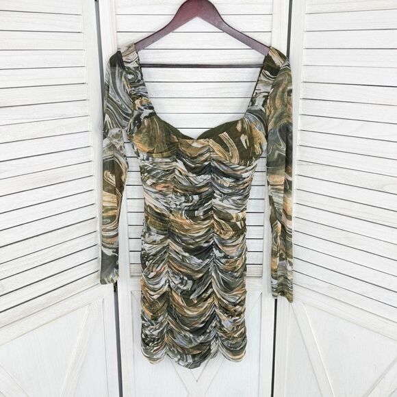 Zara Sheath Dress Marbled Ruched Draped Tulle Mini Khaki Green Orange Small - Picture 12 of 16